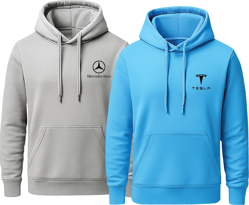 Ash grey and sky blue hoodies branded mercedez logo and tesla logo respectively